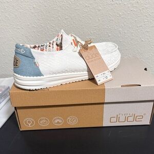 Hey Dude White and Light Blue Slip-On Shoes